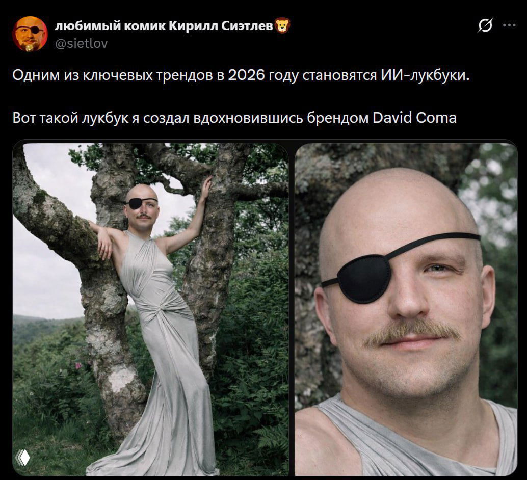 Скриншот твита с пародийным лукбуком: мужчина в платье позирует у дерева и крупный план лица — пример сатирического/альтернативного ИИ-контента, вызвавшего обсуждение.