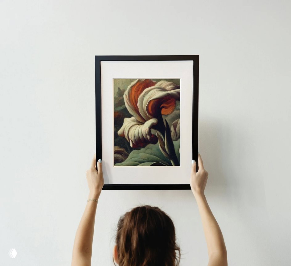 Крупный план: человек поднимает рамку с изображением цветка на фоне белой стены, видны руки и верхняя часть головы, демонстрация произведения в раме.