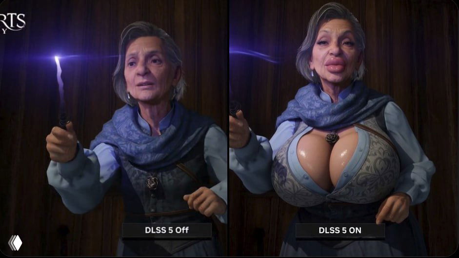 Две версии NPC: слева исходный игровой образ, справа переработанная версия с преувеличенными формами и деталями лица — демонстрация потенциальной стилизации DLSS 5.