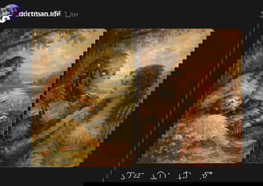 Две романтические цифровые картины: женщина рядом с рыцарским роботом и пасторальный мотив — серия сгенерированных нейросетью иллюстраций на тему взаимодействия человека и машины.