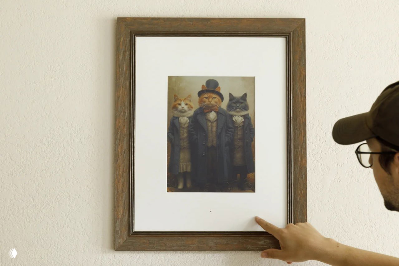Человек в кепке показывает деревянную раму с постером: рама на стене, видно руку и часть лица, изображение внутри рамы — стилизованные коты в одежде.