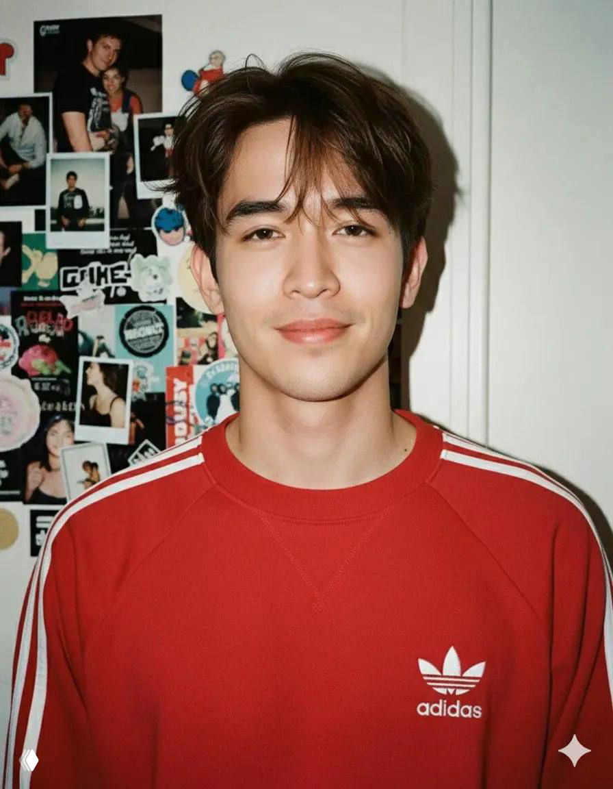 Портрет молодого мужчины в красном Adidas со спортивными полосами, на фоне стены с наклейками и постерами, мягкая улыбка и вспышка.