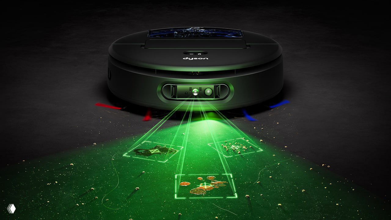 Фронтальный вид Dyson Spot+Scrub AI с зелёной подсветкой датчиков и выделенными зонами на полу, где робот обнаруживает и убирает крупные частицы грязи.
