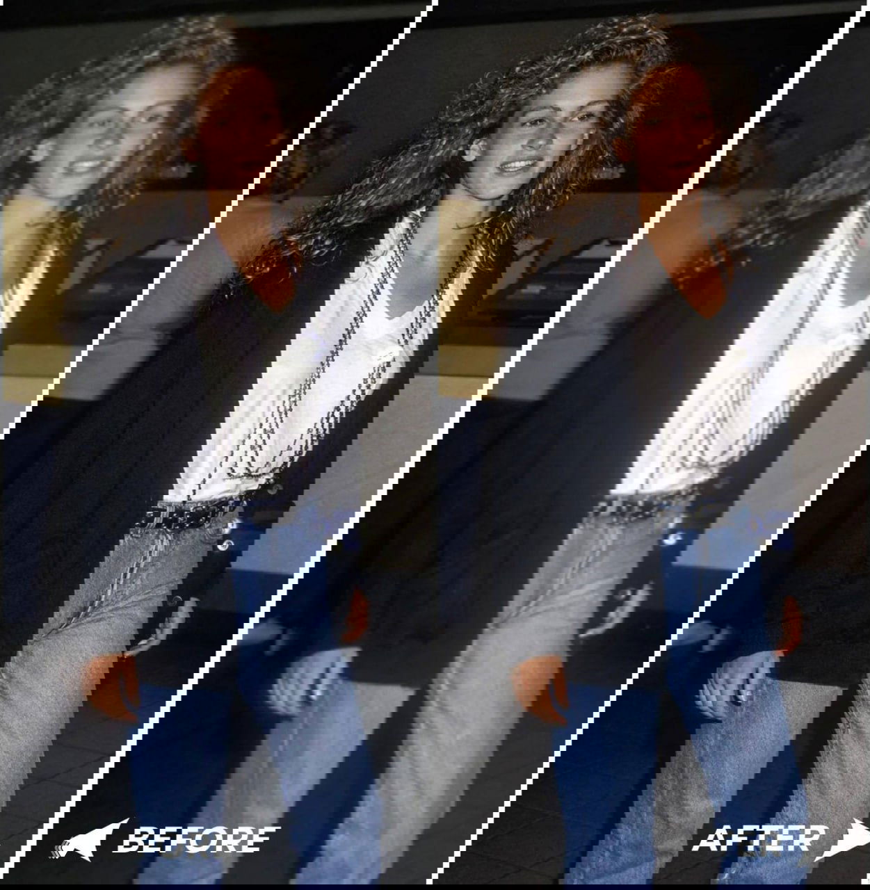 Коллаж «до/после»: полный рост человека в одежде — слева кадр с низким качеством, справа — исправленный, более чёткий и контрастный снимок.