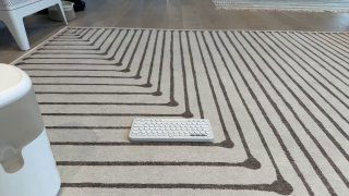 Клавиатура на ковре рядом с автоматической кормушкой: схема с Raspberry Pi для обучения собаки нажимать клавиши и получать угощение.