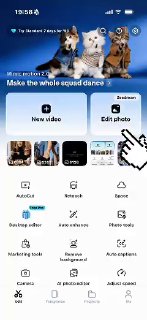 Скриншот меню приложения с опциями создания и редактирования: кнопки New video, Edit photo, ряд иконок инструментов и указатель пальца на экране.