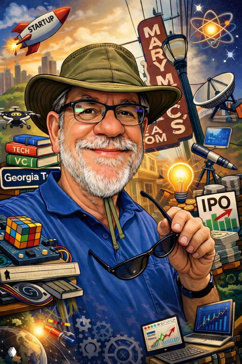 Яркая карикатурная иллюстрация пожилого мужчины в шляпе и очках на фоне иконок стартапов, финансовых графиков и научных символов.