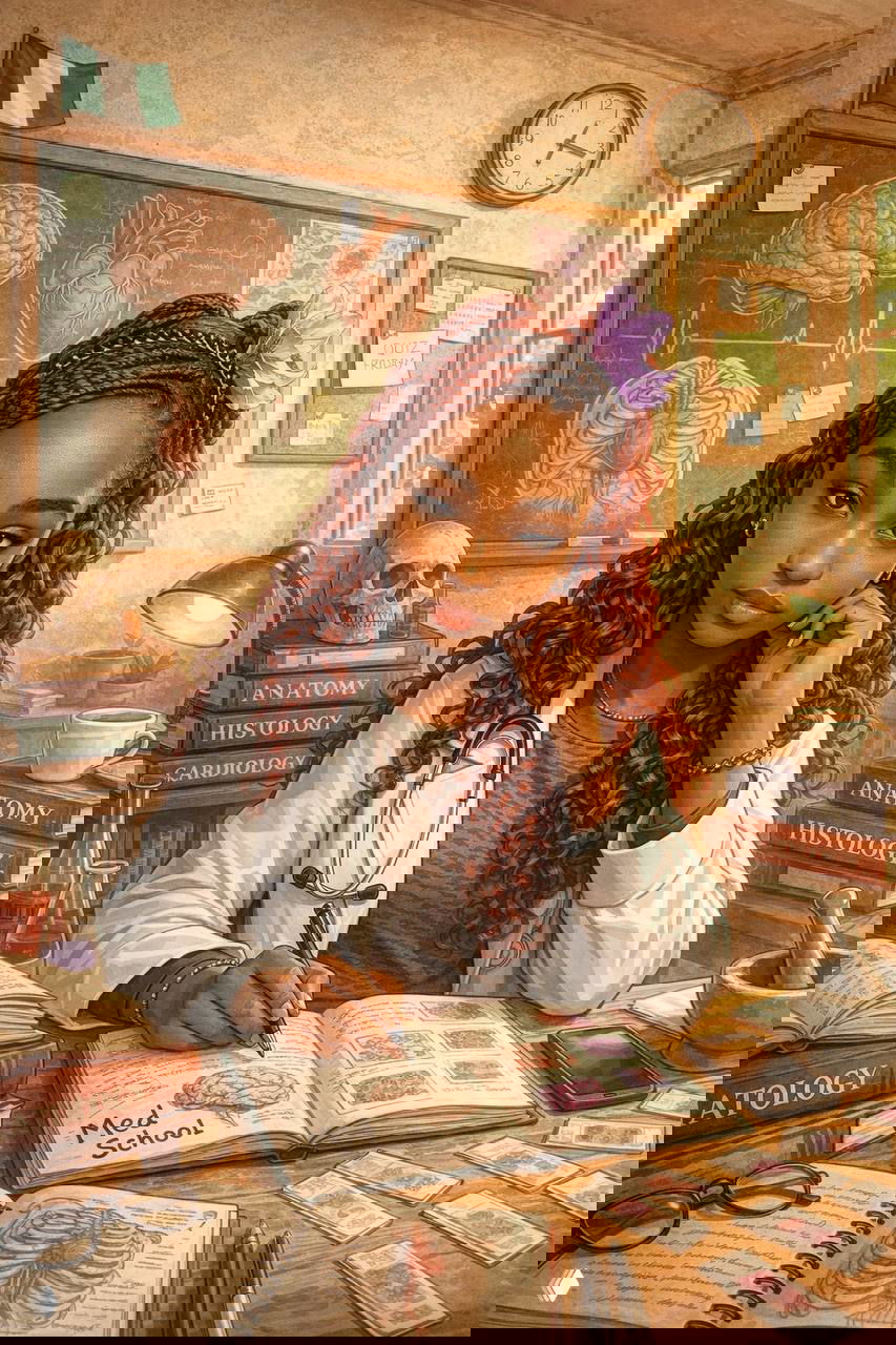 Художественный портрет молодой девушки‑медика за партой: учебники анатомии, череп и доска с рисунками сердца и мозга в учебном интерьере.