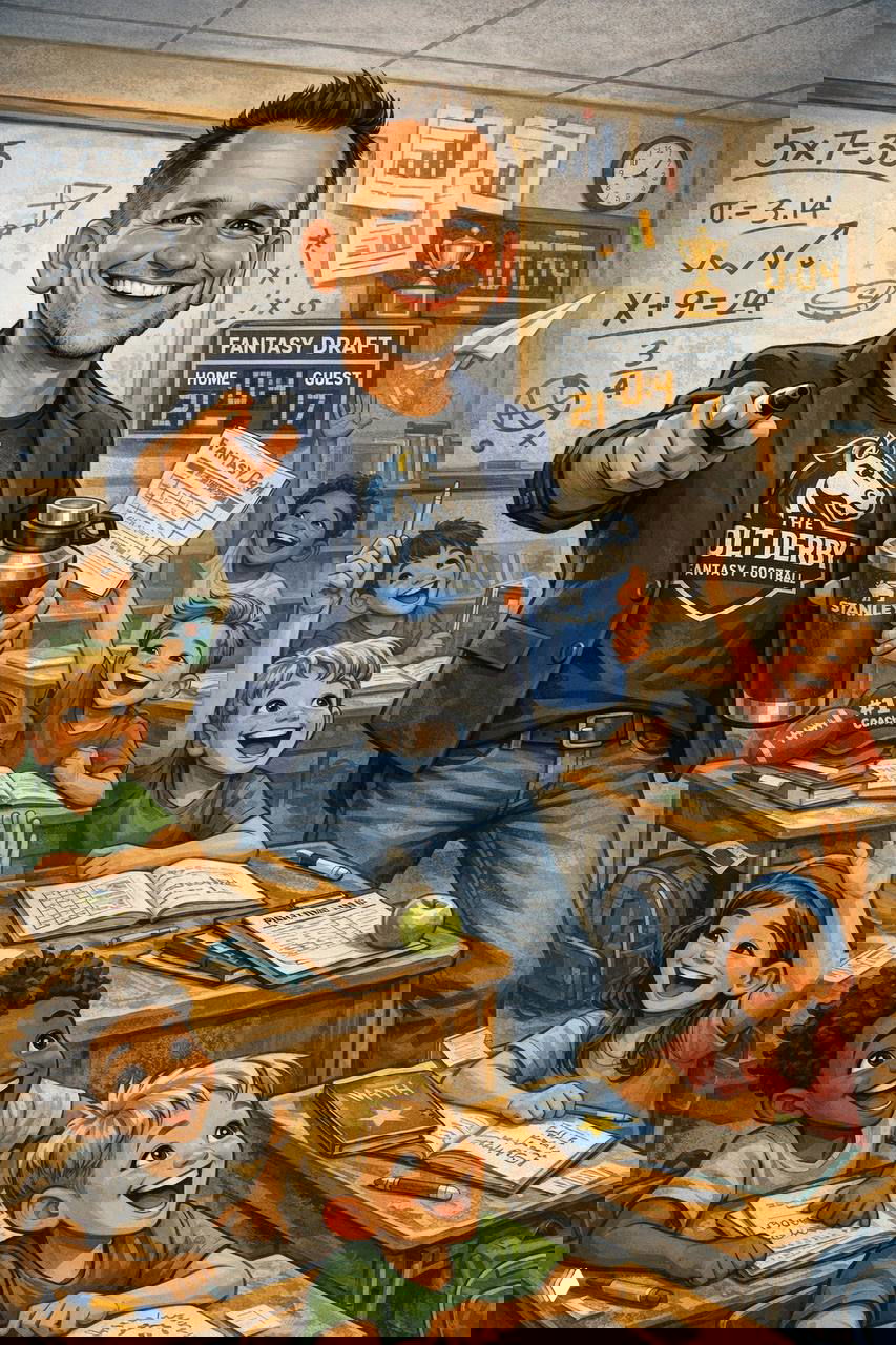 Комичная карикатура энергичного преподавателя в классе, у доски, в окружении радостных учеников, трофеев и школьных принадлежностей.