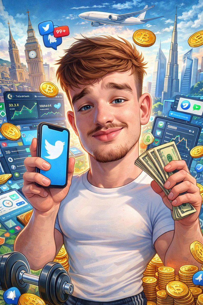 Яркая иллюстрация молодого человека с телефоном и пачкой денег, вокруг иконки соцсетей, графики и монеты криптовалюты, символы успеха.