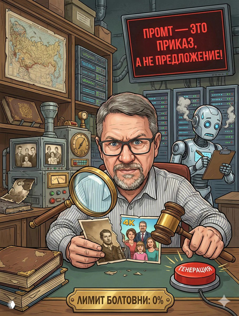 Иллюстрация исследователя/детектива за рабочим столом с лупой, старыми фотографиями, серверным оборудованием и табло с надписью «ПРОМТ — ЭТО ПРИКАЗ».