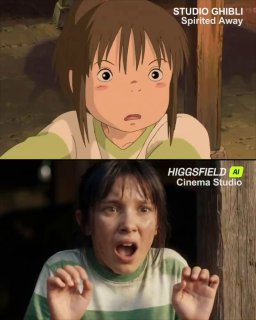 Кадр: аниме в стиле Миядзаки сверху и фотореалистичная версия от Higgsfield снизу, крупный план лица девочки.