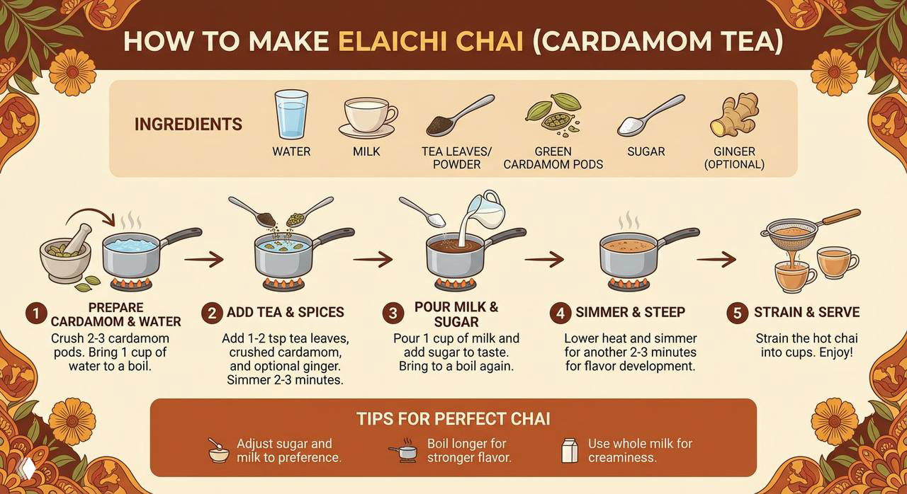 Инфографика на английском «How to make Elaichi Chai» с пошаговой инструкцией и иконками ингредиентов — пример инфографики.