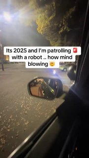 Ночное кадр-видео: вид из окна автомобиля на парковку в США, где заметен робопёс/робот под уличным фонарём и отражение в зеркале.