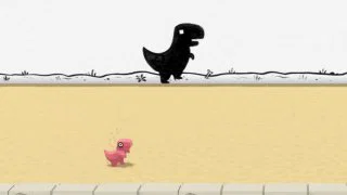 Скриншот фанатской игры Gecko Runner: два стилизованных динозавра на простом фоне, тёмный динозавр сверху и розовый снизу в перспективе дорожек