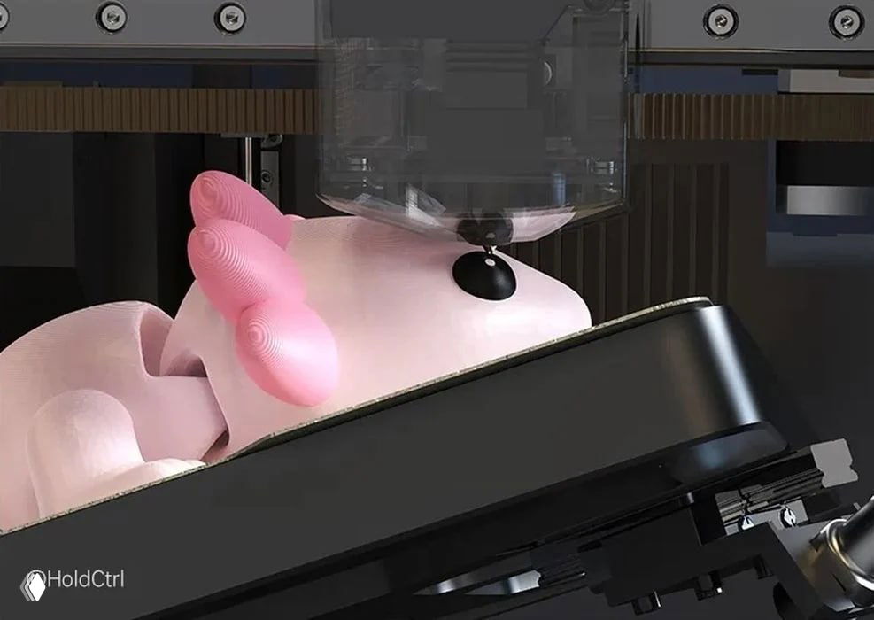 Крупный план процесса печати на наклонном столе: сопло наносит материал на розовую фигурку, видно слои и почти отсутствующие поддержки.