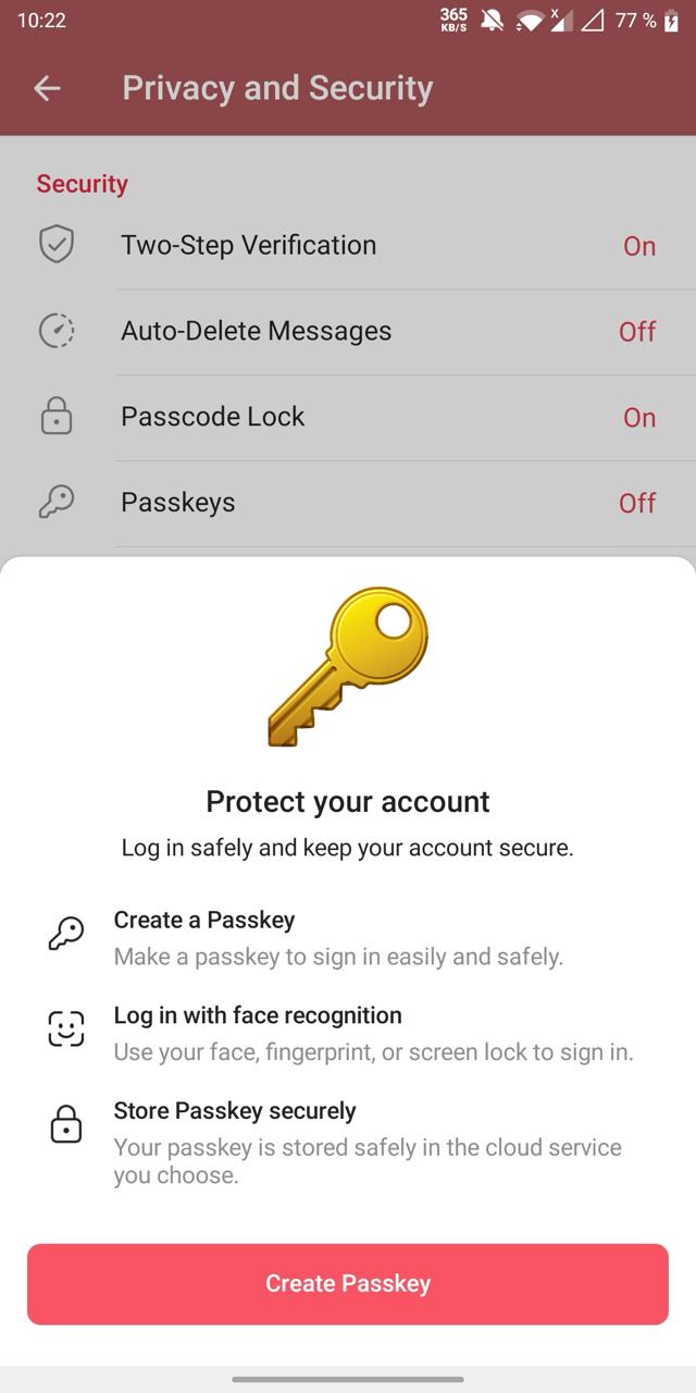 В Telegram добавили вход с помощью Passkey