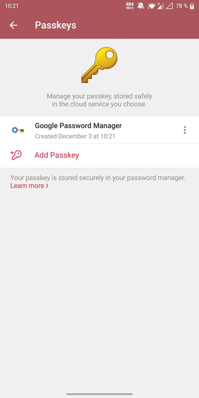 Скриншот экрана Passkeys в Telegram: показан Google Password Manager и опция Add Passkey — список менеджеров паролей в приложении.
