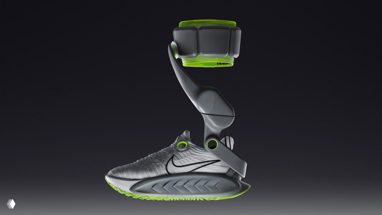 Боковой рендер Nike Project Amplify: кроссовок с интегрированным мини‑мотором, ременной системой и ярко‑зелёной подошвой на чёрном фоне.