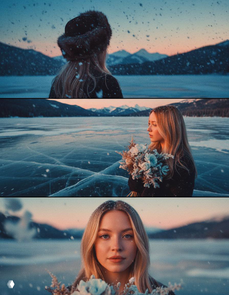 Коллаж с блондинкой в меховой шапке: вид со спины, ростовой кадр с букетом на льду, крупный портрет с снежинками на ресницах.