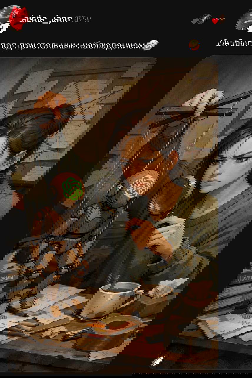 Драма-иллюстрация: девушка в детективной обстановке изучает марионетку-робота с логотипом ИИ, стол в бумагах, лупа — арт, созданный нейросетью.