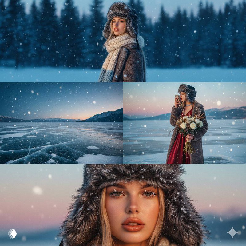 Панорамный кадр замёрзшего озера с трещинами в льду и закатом на горизонте, лёгкий снег и холодная цветовая гамма.