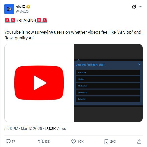 Дожили: YouTube спрашивает, является ли видео ИИ-слопом