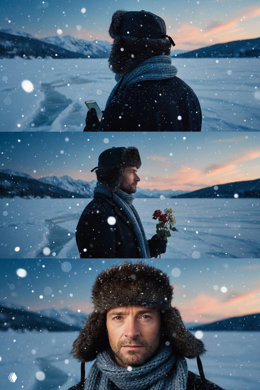 Три кадра мужчины в тёплой одежде и меховой ушанке на льду: силуэт со спины, ростовой кадр с цветами, крупный портрет с внимательным взглядом.