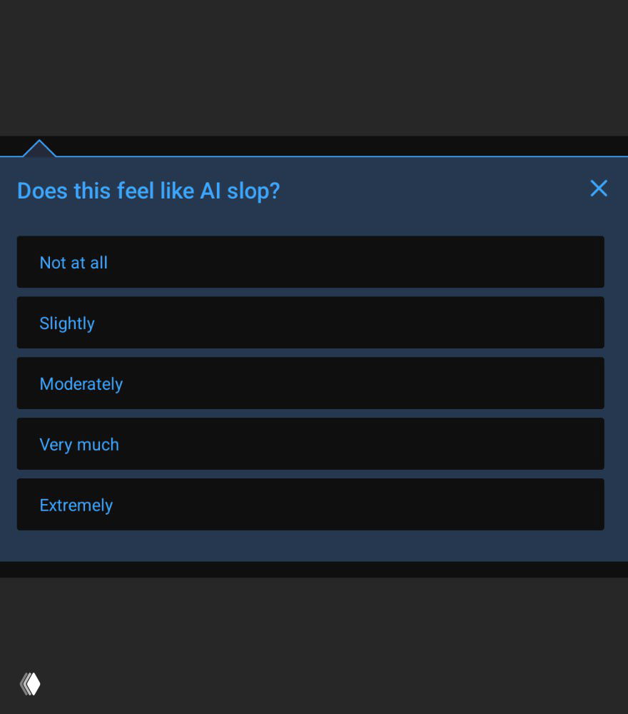 Крупный скриншот интерфейса опроса YouTube: заголовок «Does this feel like AI slop?» и варианты ответа от «Not at all» до «Extremely», тёмная тема.