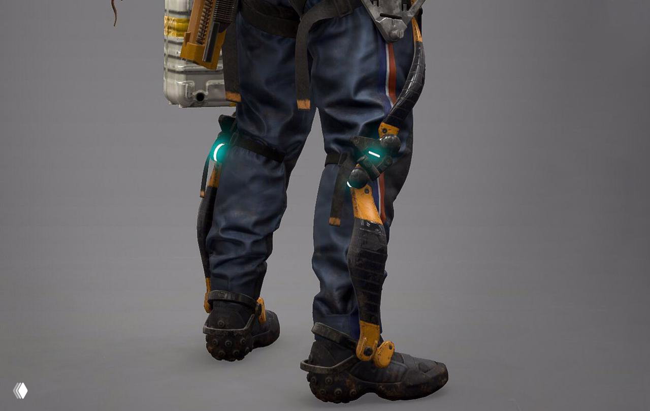 Вид сзади на ноги и ботинки с установленными приводами Z1: шарниры, фиксаторы голени и декоративная подсветка, стилизованный образ.