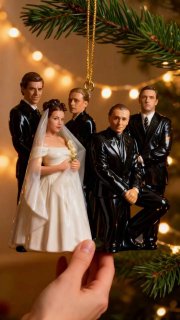 Реалистичная елочная игрушка в виде небольшой сцены со свадебной фигуркой и группой персонажей, подвешенная к хвое с мягким боке на заднем плане.