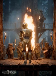 Роботоподобная фигура в центре деревянной сцены у огня, вокруг — небольшие существа в масках, кадр в духе фантастического приключения.
