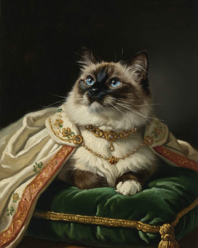 Ренессансный портрет кошки с голубыми глазами в роскошном плаще и золотой цепочке на подушке, имитация классической картины.