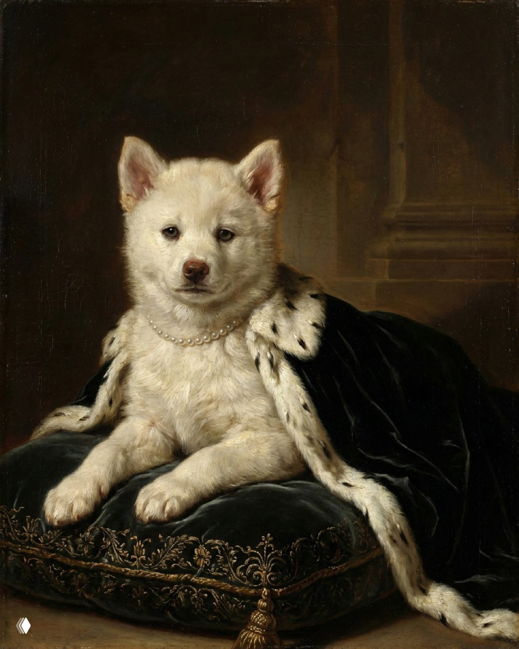 Портрет небольшой собаки, стилизованный под ренессансную живопись, на бархатной подушке в мантию и жемчужное ожерелье.