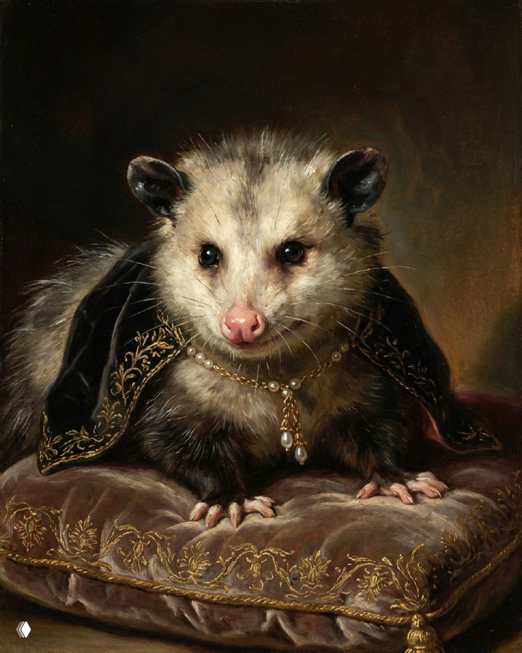 Портрет опоссума, стилизованный под ренессансную живопись: пушистое тело, декоративные украшения и бархатная подушка в классическом интерьере.