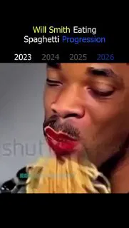 Крупный план лица человека, поедающего спагетти; кадр показывает прогрессию deepfake и заметную помаду на губах.