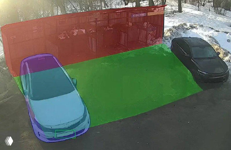 Кадр с системы видеонаблюдения с цветными сегментациями — зоны контейнерной площадки и парковки выделены масками, автомобиль распознан ИИ для фиксации нарушения.