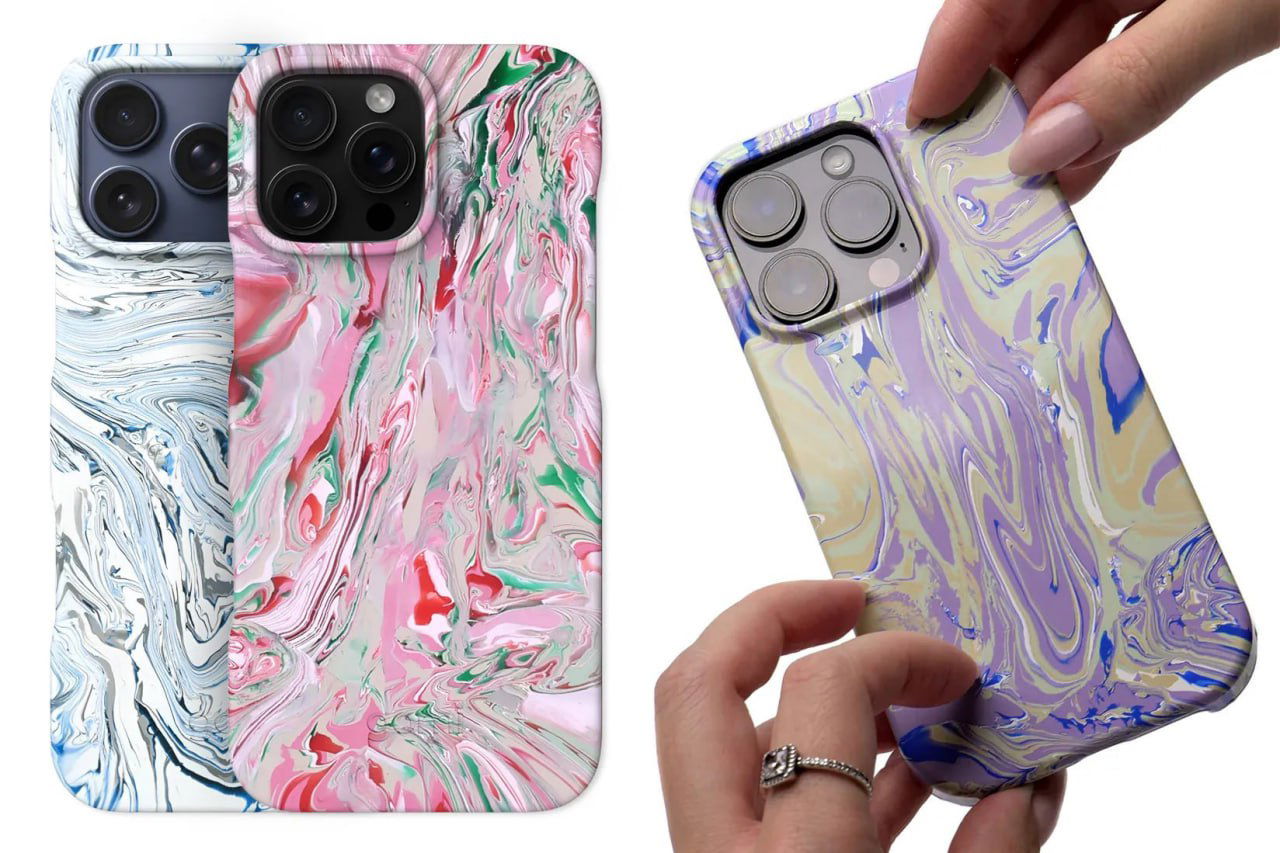 Плоский макет нескольких iPhone в разноцветных мраморных чехлах Gomi на светлом фоне: показаны разные расцветки, форма и расположение вырезов под камеру.