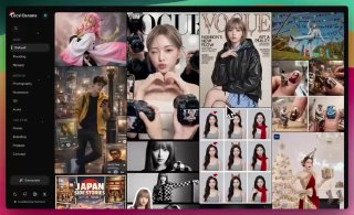 Экран с интерфейсом генератора и множеством сгенерированных изображений: портреты, постеры, рендеры — пример набора промптов.