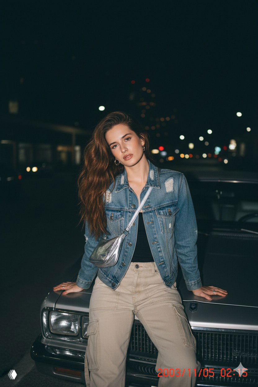 Ночная сцена: женщина сидит на капоте машины в джинсовой куртке и низкой посадке брюк, жесткая вспышка, глубокие тени и дальние огни города.