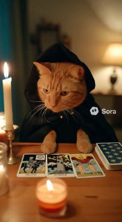 Кот в капюшоне сидит за столом с горящей свечой и картами Таро; атмосферный кадр с логотипом Sora как примера творческой генерации видео.