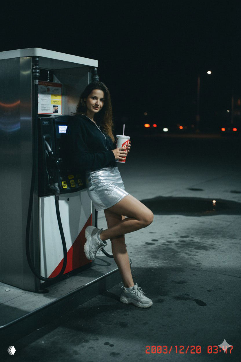 Женщина возле бензоколонки в серебристой мини‑юбке и худи, держит стакан с газировкой; холодный свет вспышки и отражения в лужах на асфальте.