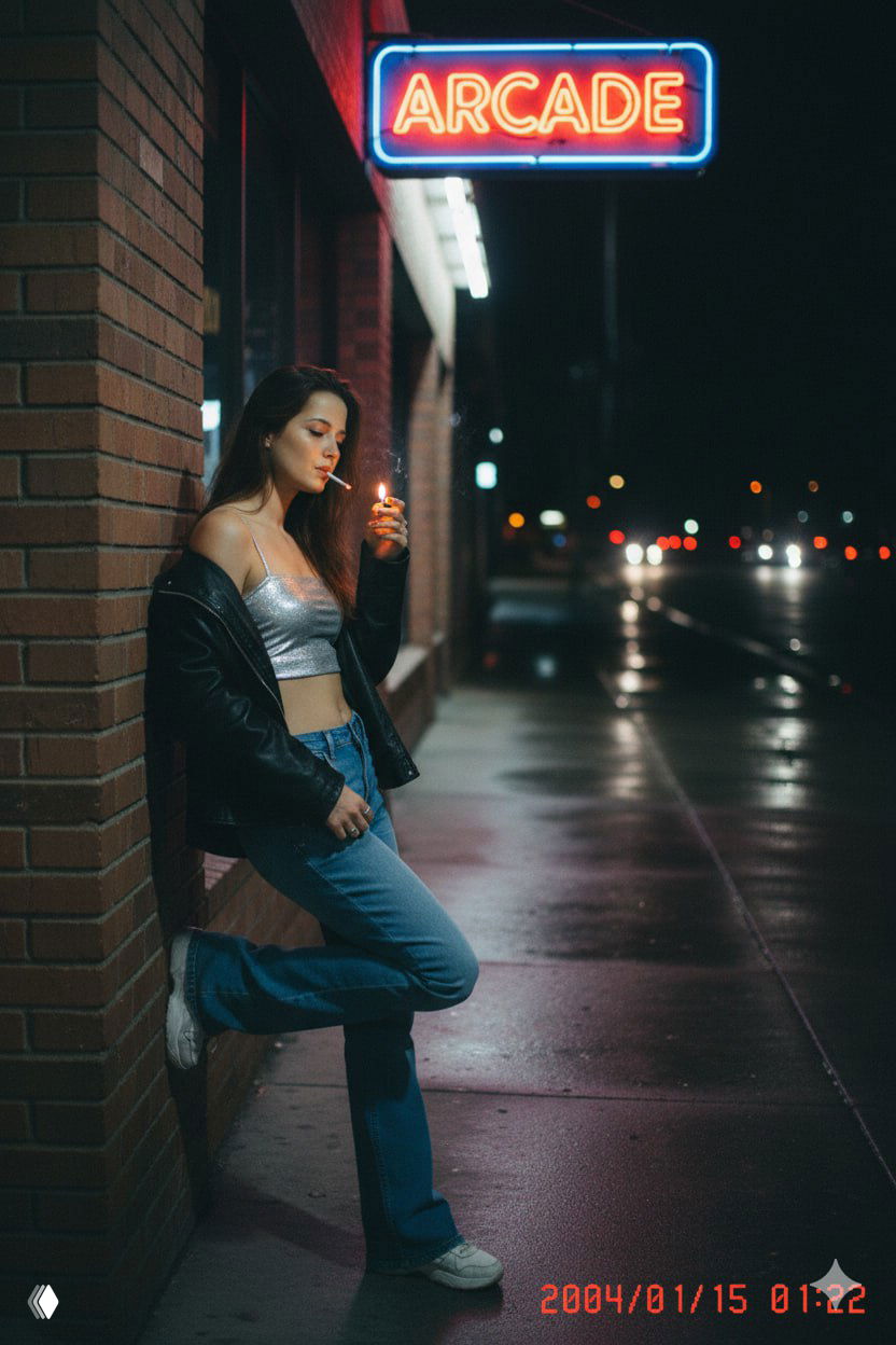 Женщина под мерцающим неоновым знаком в кожаной куртке и низкой посадке джинс, зажигает сигарету; мокрый асфальт и неоновый свет создают грубую Y2K‑атмосферу.