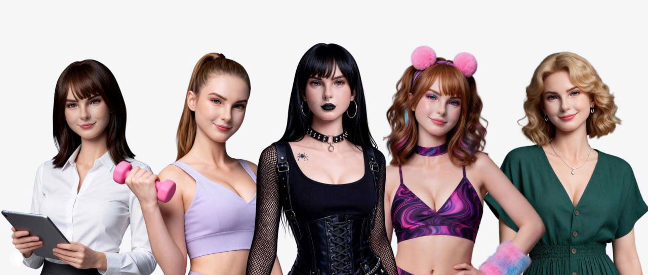 Несколько вариантов внешности виртуальной Emily в ряд — демонстрация кастомизации образа и стилистических решений от Lovense.