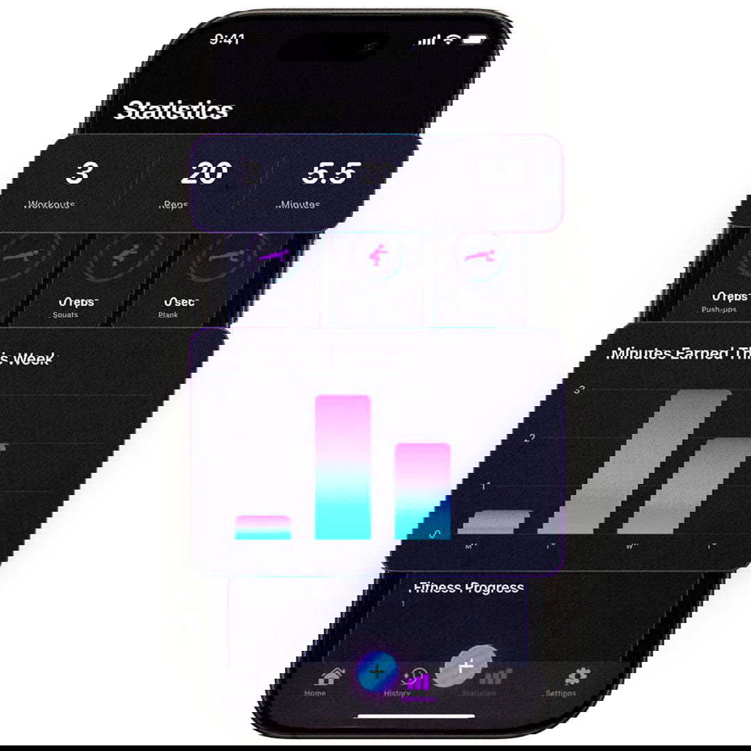 Интерфейс приложения MoveScroll на смартфоне: статистика тренировок, количество повторов и график «минуты, заработанные на этой неделе» с визуализацией прогресса.