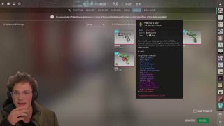 Крупный план ножа в CS2 с подсказкой предмета и характеристиками на фоне интерфейса торговли и списка скинов.