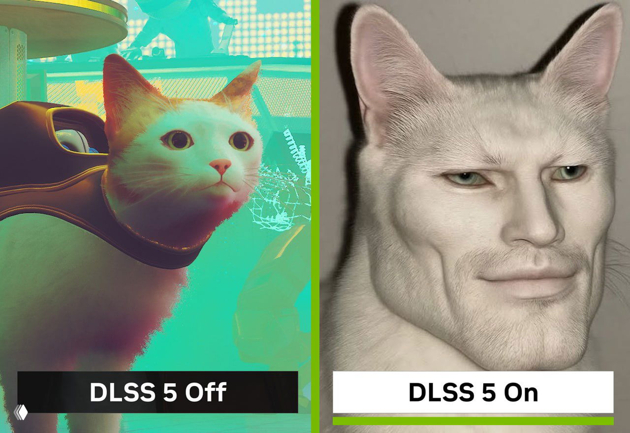 Сравнение кота в игровом рендере: слева оригинальная цветная сцена, справа версия с чрезмерной реалистичной обработкой и искажённой мордой — пример DLSS 5.