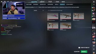 Скриншот трансляции CS2: стример показывает инвентарь и меню обмена, чат и резкий рост цен на красные пушки.