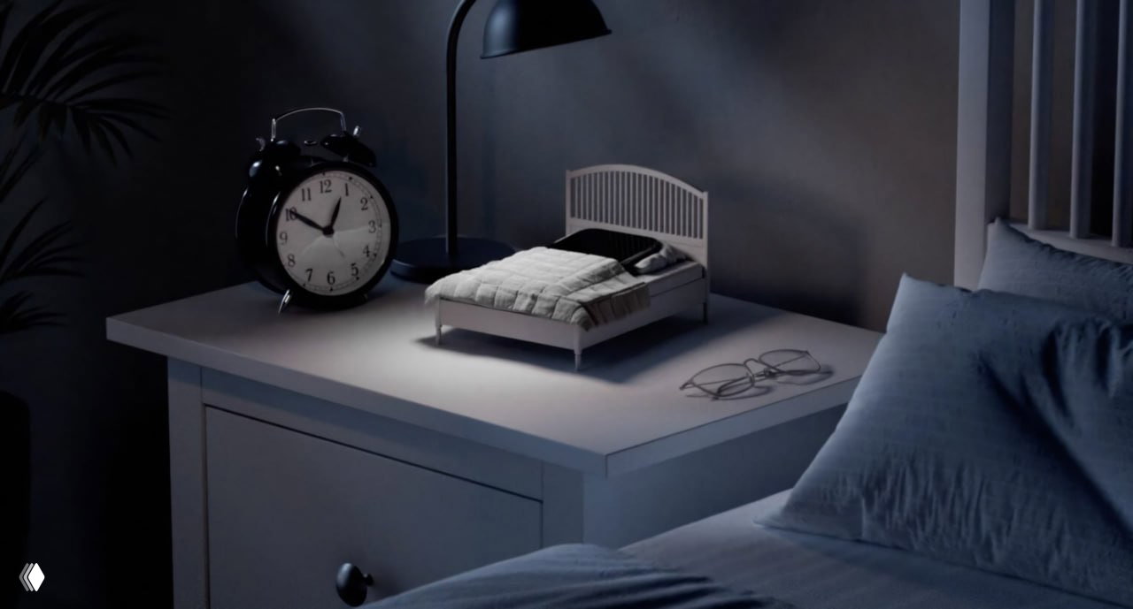 Миниатюрная кроватка для смартфона на прикроватной тумбе в затемнённой спальне рядом со будильником — демонстрация продукта в контексте сна.