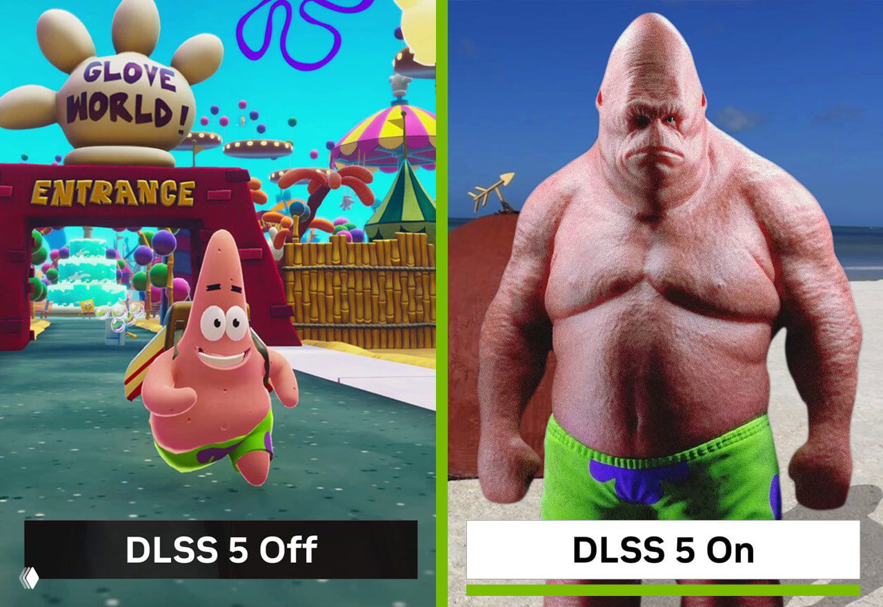 Покадровое сравнение: слева мультяшный персонаж (Patrick) в игровом мире, справа гиперреалистичная и уродливая трансформация тела и лица — эффект DLSS 5 On.